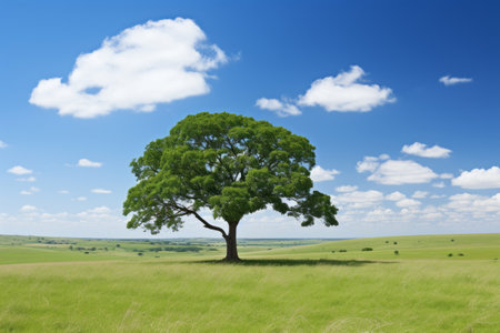 a lone tree in a grassy field under a blue skyの素材