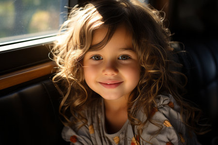 a little girl with curly hair sitting in a carの素材