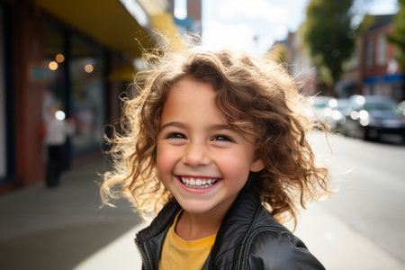 a little girl with curly hair smiles for the cameraの素材