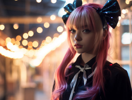 a girl with pink hair and a bow in front of a string of lightsの素材