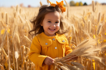 a little girl in a yellow dress is standing in a wheat fieldの素材