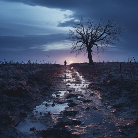 a lone tree in the middle of a field at duskの素材
