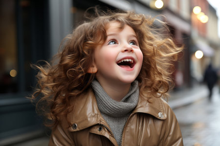a little girl with curly hair is laughing in the rainの素材