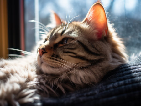 a long haired cat laying on top of a blanketの素材