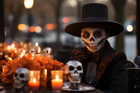 a man in a top hat and a skeleton mask sitting at a table with candlesの素材