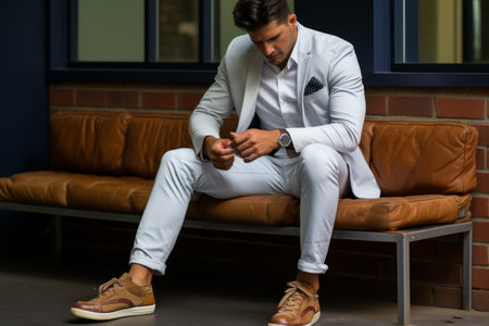 a man in a white suit sitting on a benchの素材