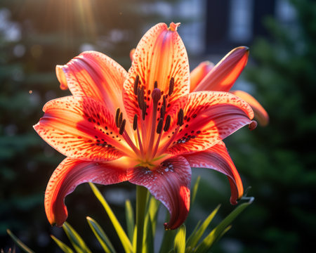 a red lily with the sun shining through itの素材