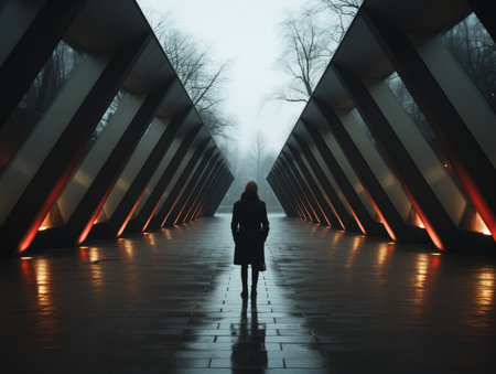 a person standing in the middle of a walkway at nightの素材