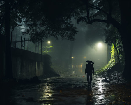 a person with an umbrella walking in the rain at nightの素材