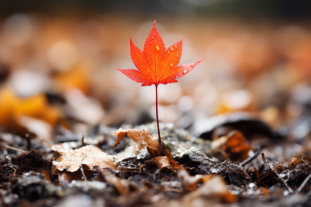 a single red maple leaf in the middle of a fieldの素材