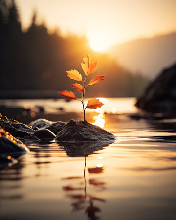 a single leaf is growing on a rock in the water at sunsetの素材