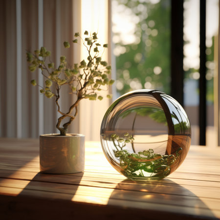 a potted plant and a glass ball on a table in front of a windowの素材