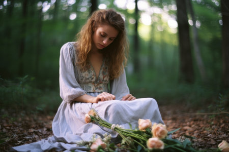a woman sitting in the woods with flowersの素材
