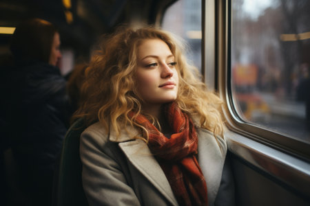 a woman sitting on a train looking out the windowの素材