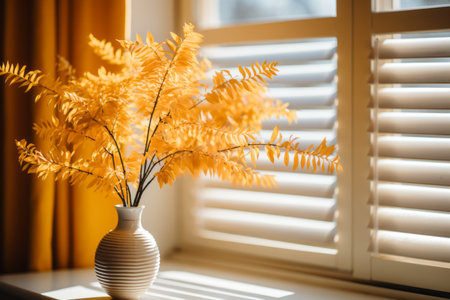a vase with yellow flowers sitting on a window sillの素材