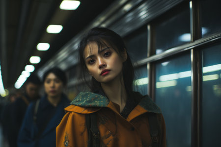 a woman standing in a subway station with other people in the backgroundの素材