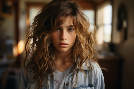 a young girl with long curly hair looking at the cameraの素材