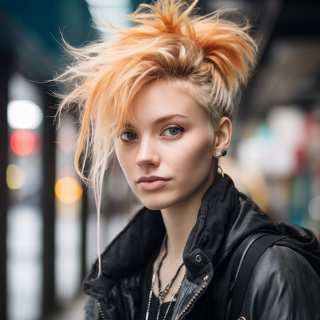 a young woman with an orange mohawk in the cityの素材
