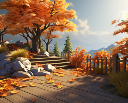 an autumn scene with trees and rocksの素材