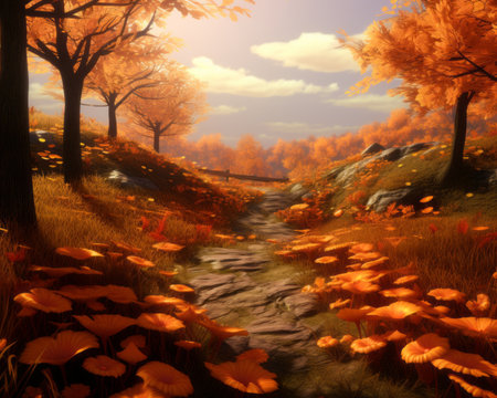 an autumn scene with trees and flowers in the backgroundの素材