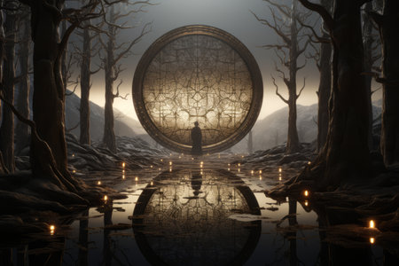 an image of a man standing in front of a circular door in a forestの素材