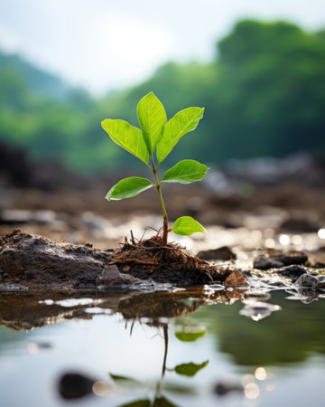 a young plant sprouting from the ground in a puddle of waterの素材