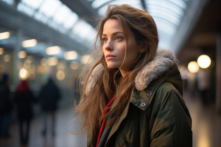 a young woman in a green jacket standing in a train stationの素材