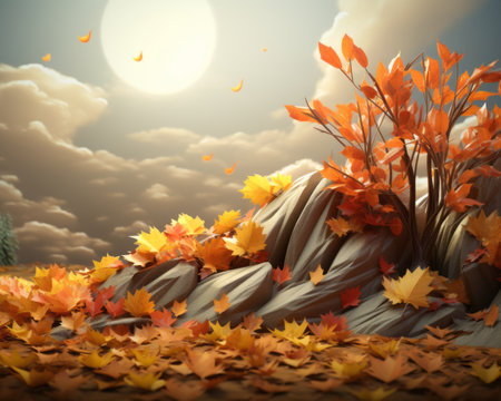an autumn scene with trees and rocks in the foregroundの素材