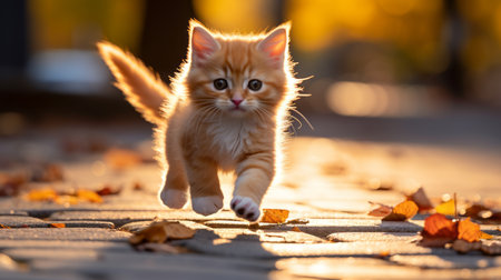 an orange kitten running on the ground in the sunの素材