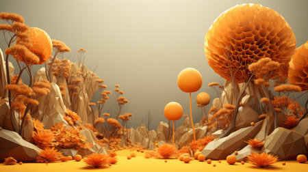 an orange landscape with trees and rocksの素材