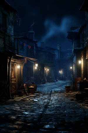 an old town at night with lights on the streetの素材