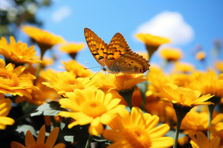 butterfly on yellow flowers with blue sky backgroundの素材
