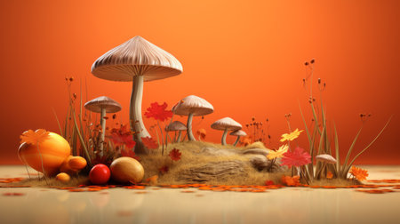 an orange background with mushrooms and autumn leavesの素材