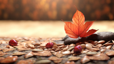 autumn leaves and red berries on the groundの素材