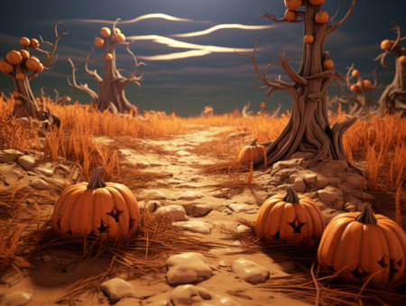 halloween pumpkins in a field at nightの素材