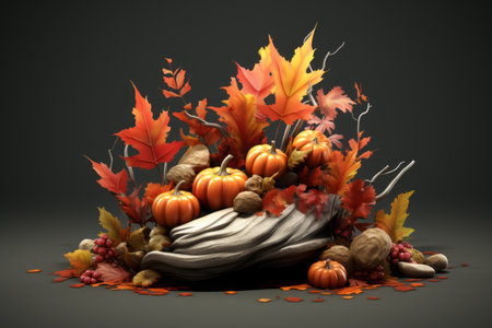 autumn scene with pumpkins acorns and leavesの素材