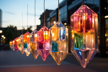 colorful hanging lights on a street in the eveningの素材