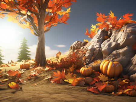 autumn scene with pumpkins trees and rocksの素材
