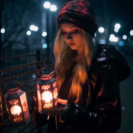 beautiful young woman holding lanterns at nightの素材