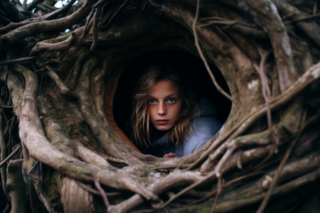 a young girl peeking out of a hole in a treeの素材