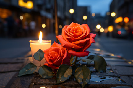 two red roses sit next to a lit candle on the sidewalkの素材