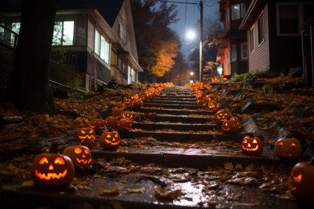 halloween pumpkins on the steps of a house at nightの素材