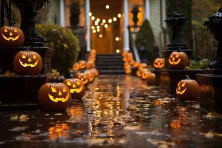 halloween pumpkins lined up in front of a houseの素材