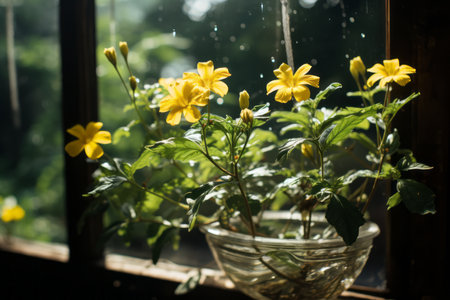 yellow flowers in a glass vase on a window sillの素材