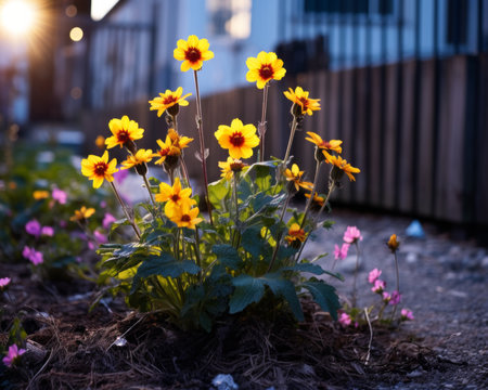 yellow flowers grow in the dirt near a fenceの素材