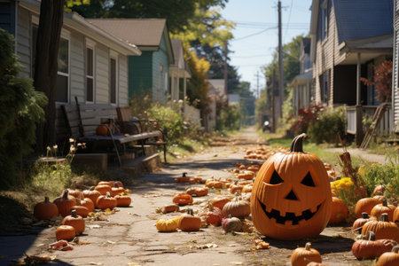 pumpkins and jack o lanterns are scattered on the ground in front of a houseの素材