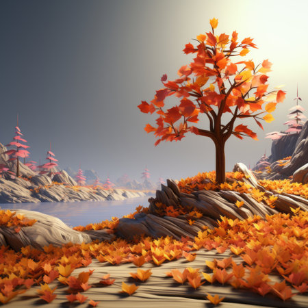 3d rendering of a tree with leaves on the groundの素材