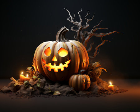 3d rendering of a halloween pumpkin with candles on a dark backgroundの素材