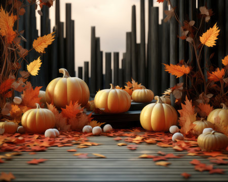 3d illustration of pumpkins and leaves on a wooden floorの素材