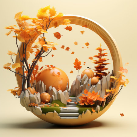 3d illustration of an autumn scene with trees and pumpkinsの素材